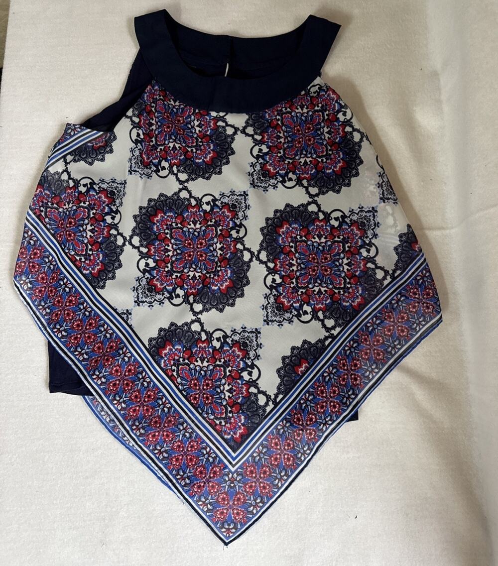 AB Studios WomensAbstract Reds,Blues Blacks Scarf Sleeveless Top Sz S